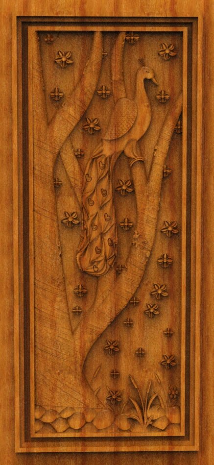 3D DOOR - OAK-40 Elegant Peacock and Floral Botanical Relief Carving Design